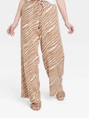 A New Day Linen Pants Brown and Cream Zebra Print Women’s Palazzo Wide Leg